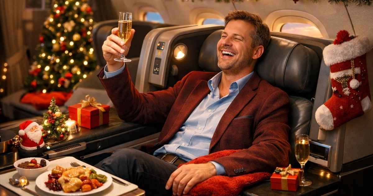 Person celebrating Christmas in business class